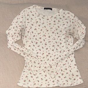 Brandy Melville Cream Floral Long Sleeve Waffle Top